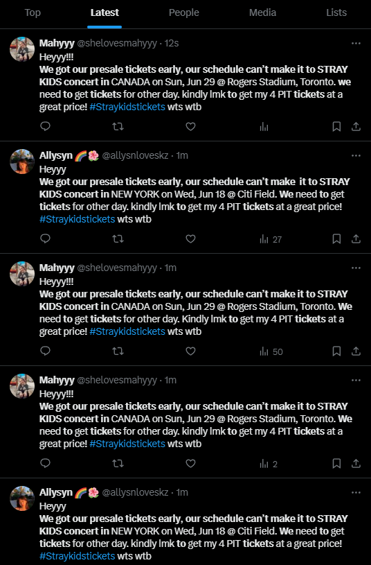 STAY DO NOT FALL FOR THIS PLEASE!

These are probably bots and scammers, the accounts look fake!

#Straykidstickets wts wtb
