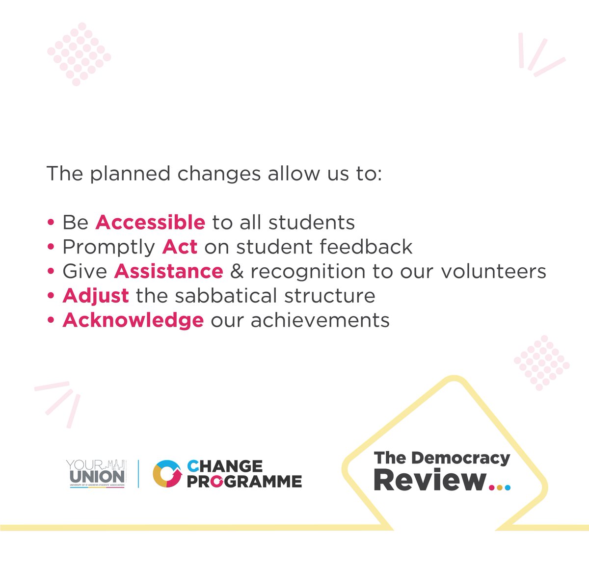 🚨 The Democracy Review is here! 🚨
The proposed recommendations aim to improve how you get involved and how decisions are made, ensuring that the Union and University truly represent YOU💬🤝
yourunion.net/representation…