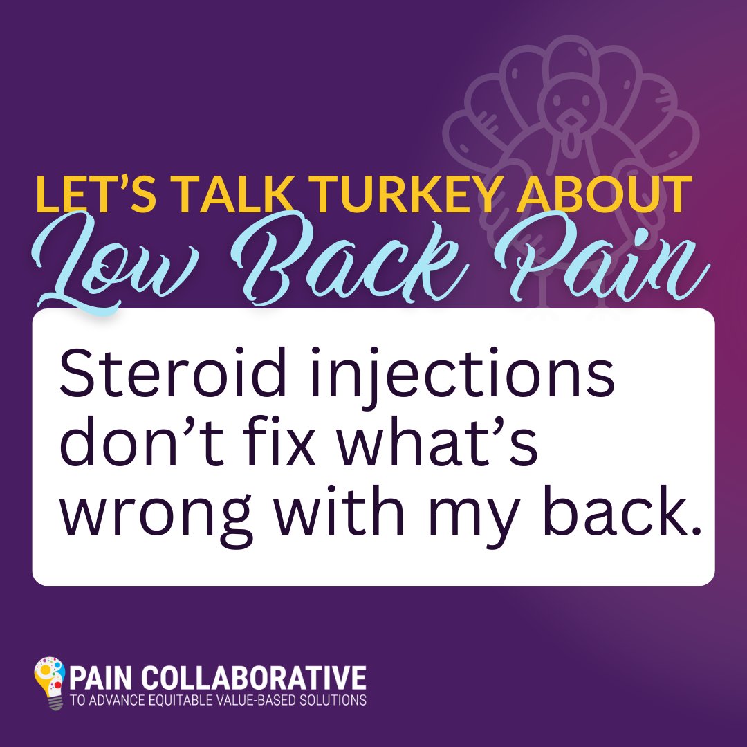 Let's #TalkTurkeyAboutLowBackPain! Steroid injections don’t address underlying causes of #LowBackPain. However, they may be able to temporarily reduce your pain, making it easier to engage in active treatments that support long-term recovery. #LowBackPainRealities