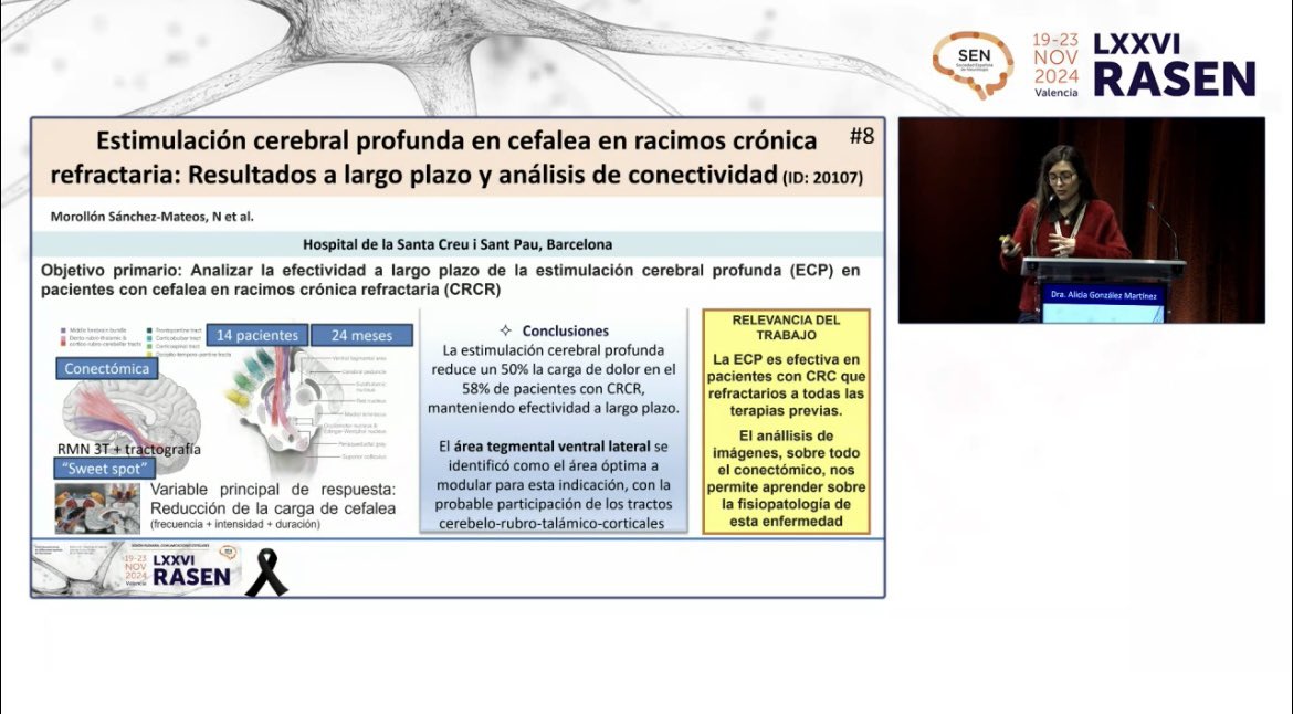 Muy agradecidos de que nuestro trabajo sobre estimulación cerebral profunda en pacientes con cefalea en racimos crónica refractaria haya sido seleccionado como comunicación estelar 💫 en la #RASEN2024