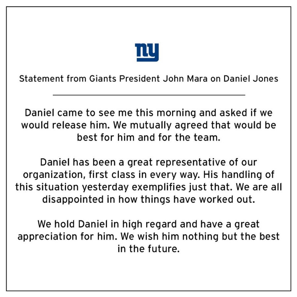 AdamSchefter's tweet image. Statement from the Giants on the release of QB Daniel Jones: