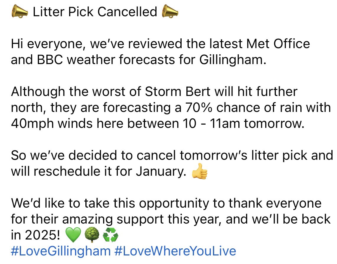 📣 Litter Pick Cancelled 📣

#LoveGillingham #LoveWhereYouLive