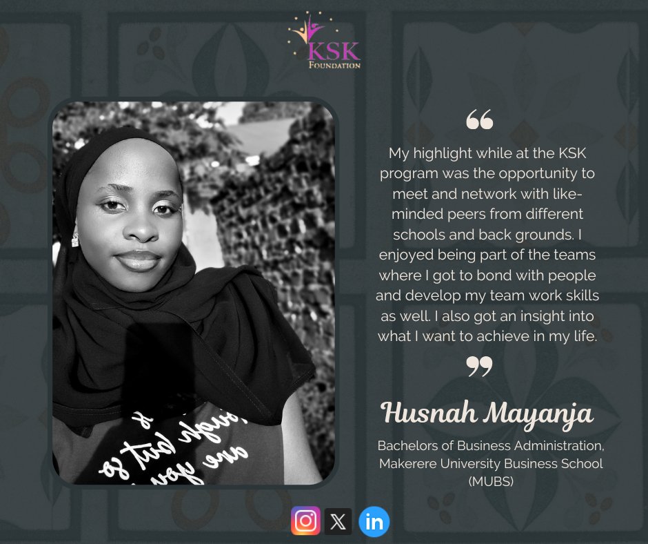 KskFoundation's tweet photo. Today, the @KskFoundation  would like to celebrate their mentee Husnah Mayanja for having been a part of Season VII of the Making Students World Ready Program.

We implore you to use the skills you learnt from the program to cause a positive impact in your society.

#mentorship https://t.co/HLxbm6C7Oc