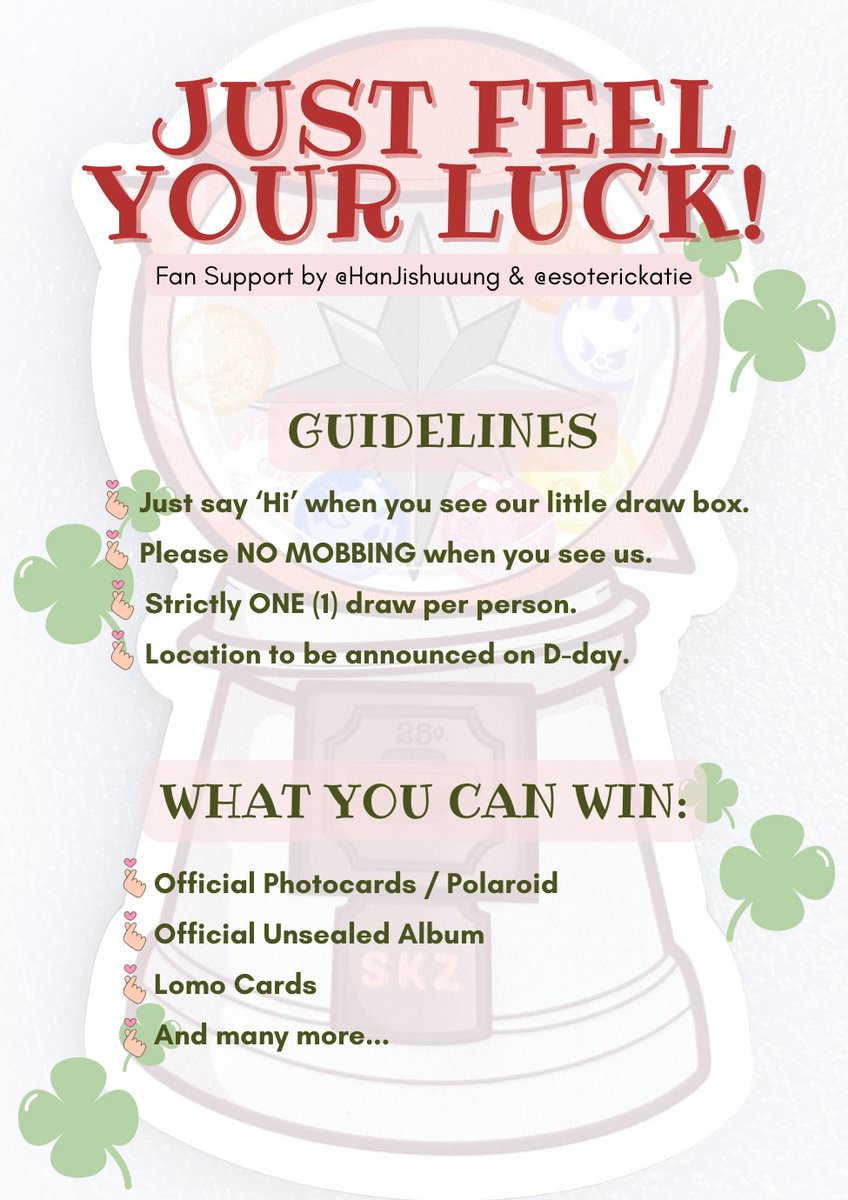 esoterickatie's tweet image. #dominATE_Bulacan
FEEL YOUR LUCK by @HanJishuuung &amp;amp; @esoterickatie

Find us on D-DAY and try your LUCK on our additional fan support for Stays! ❤️

ʚ RT | LIKE
ʚ Will go priv on d-day

See you! 🤩

#StrayKids_dominATE 
#SKZ_in_Bulacan