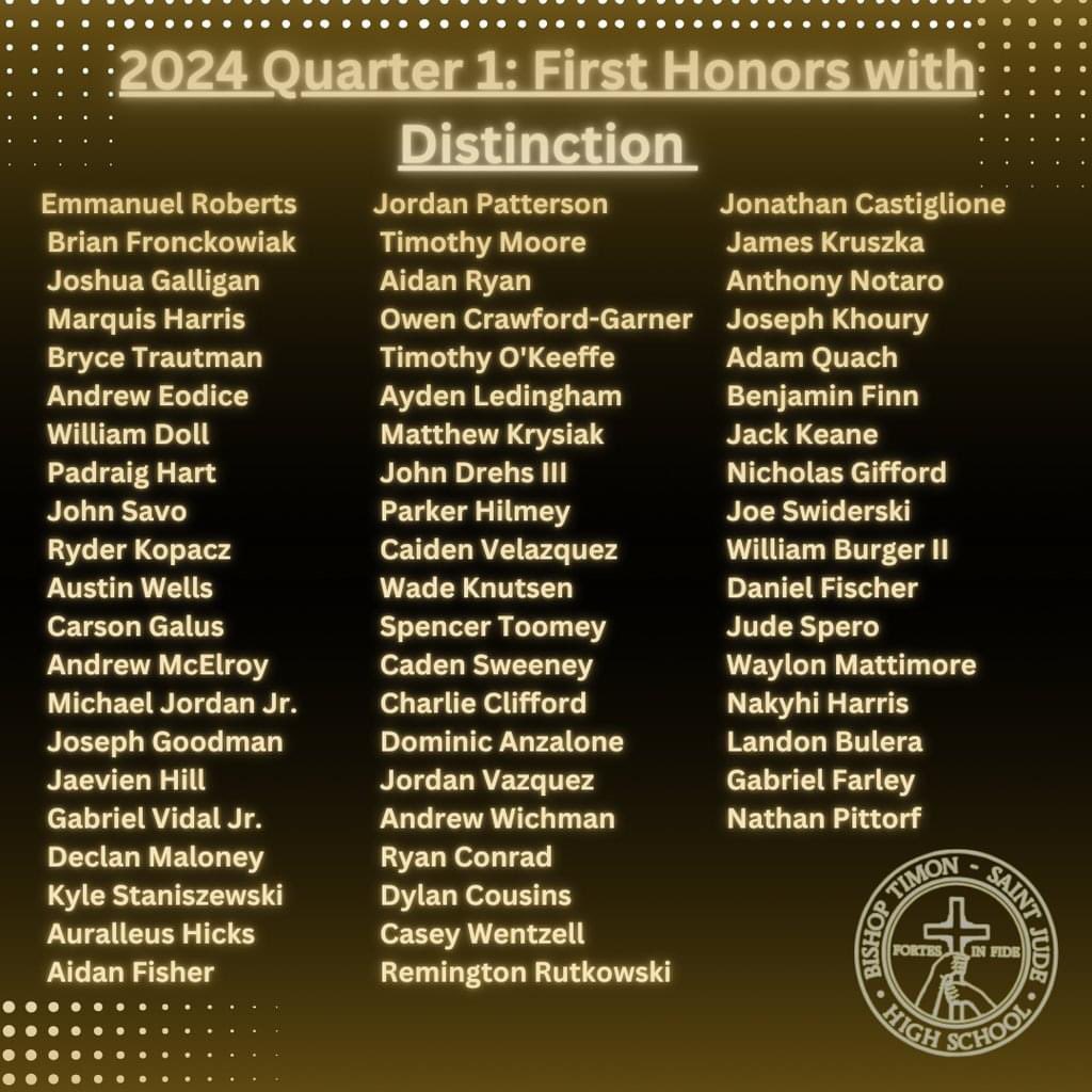 BishopTimonHigh's tweet photo. Congratulations to our Bishop Timon students for their outstanding academic achievements during the first quarter! We are proud to recognize those who earned First Honors with Distinction, First Honors, and Merit Roll. https://t.co/k0A52pH4X1
