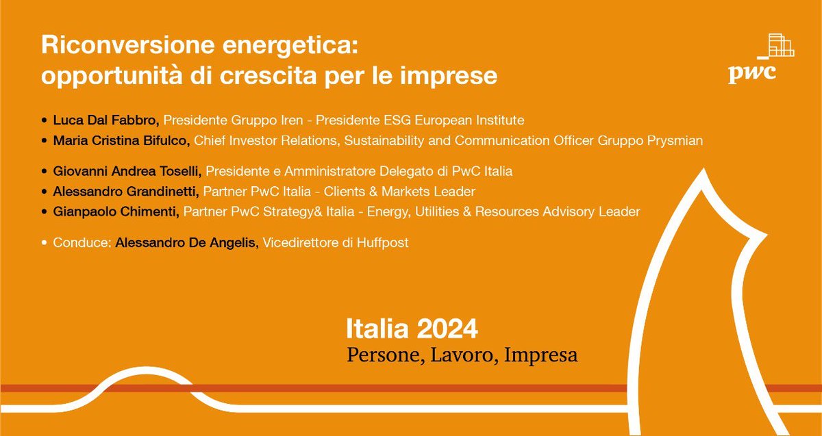 Riconversione Energetica: Opportunità di Crescita per le Imprese. Il 26/11, ore 11:00. Partecipa a #Italia2024 con #GEDI per scoprire come la transizione #energetica può stimolare la competitività delle imprese.
➡️ bit.ly/3sTe8z9
_
#Sostenibilità #Imprese #PwCItaly
