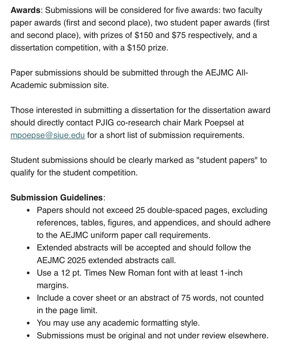 AEJMC PJIG (@aejmcpjig) on Twitter photo The Participatory Journalism Interest Group (PJIG) is excited to invite submissions of research papers for the upcoming 2025 AEJMC Conference.
Â
Questions? Contact PJIG Research Co-Chair, Dr. Mark Poepsel at mpoepse@siue.edu for inquiries related to your submission. The Participatory Journalism Interest Group (PJIG) is excited to invite submissions of research papers for the upcoming 2025 AEJMC Conference.
Â
Questions? Contact PJIG Research Co-Chair, Dr. Mark Poepsel at mpoepse@siue.edu for inquiries related to your submission.