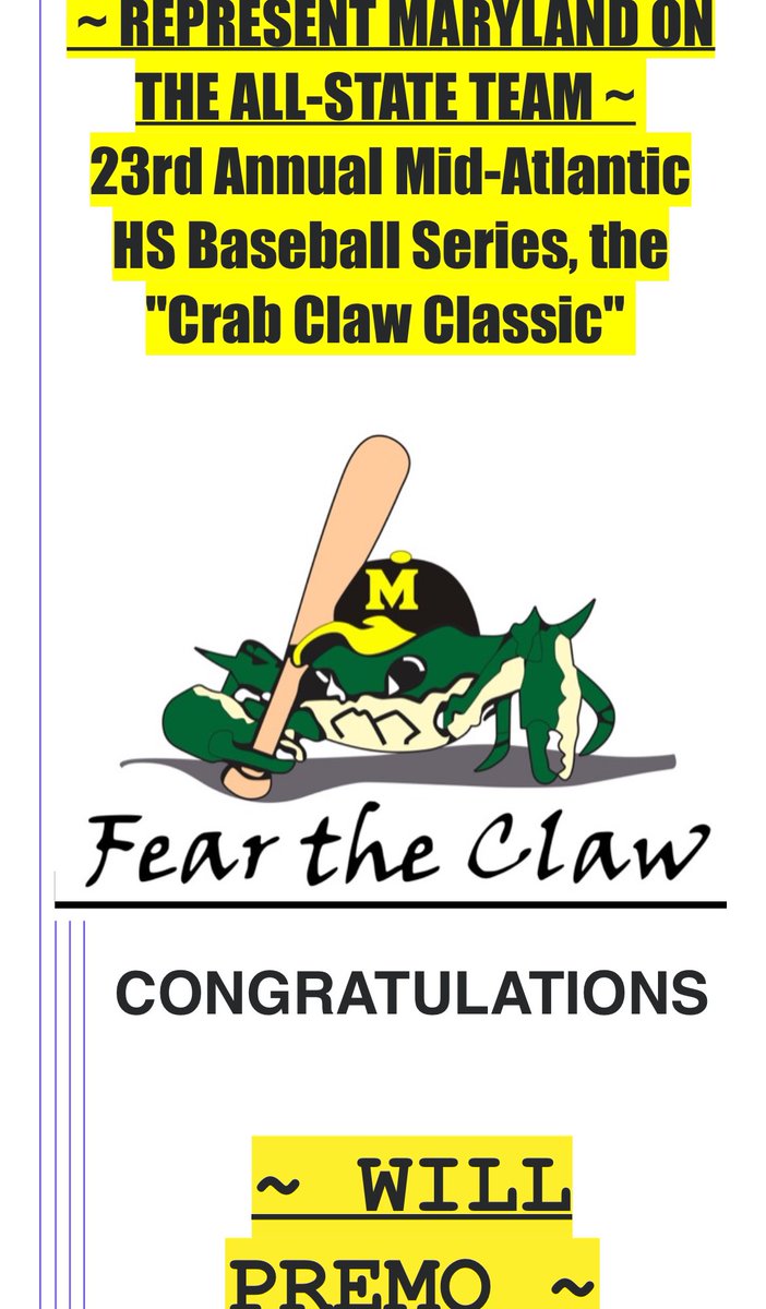 Will Premo (@willpremo55) on Twitter photo Just nominated to represent <a href="/MardelaSports/">Mardela Sports</a> in the 23rd Annual Mid-Atlantic HS Baseball Series, the Crab Claw Classic! Let’s Go! 💚💛⚾️💪
<a href="/ECTitansBaseba1/">ECTitansBaseball</a>
<a href="/drewowens_/">Drew Owens</a>
<a href="/BUncommitted/">Baseball_Uncommitted</a> @bsbclips
#uncommitted2026 #bsbclip Just nominated to represent <a href="/MardelaSports/">Mardela Sports</a> in the 23rd Annual Mid-Atlantic HS Baseball Series, the Crab Claw Classic! Let’s Go! 💚💛⚾️💪
<a href="/ECTitansBaseba1/">ECTitansBaseball</a>
<a href="/drewowens_/">Drew Owens</a>
<a href="/BUncommitted/">Baseball_Uncommitted</a> @bsbclips
#uncommitted2026 #bsbclip