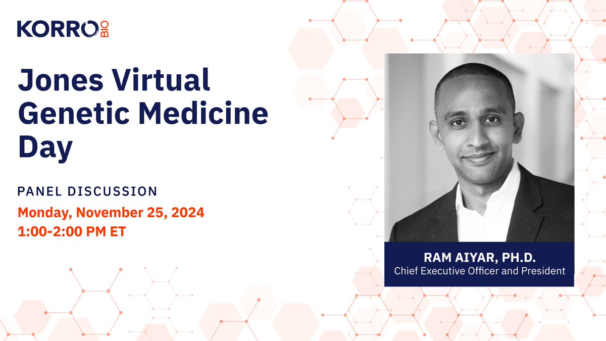 KorroBio's tweet image. Attending Jones Virtual Genetic Medicine Day on Monday, November 25?

Join us from 1:00–2:00 PM ET as our CEO &amp;amp; President, @ramaiyar, participates in a panel discussion focused on the role of RNA editing in Alpha-1 Antitrypsin Deficiency (#AATD). 

#RNAEditing #GeneticMedicine
