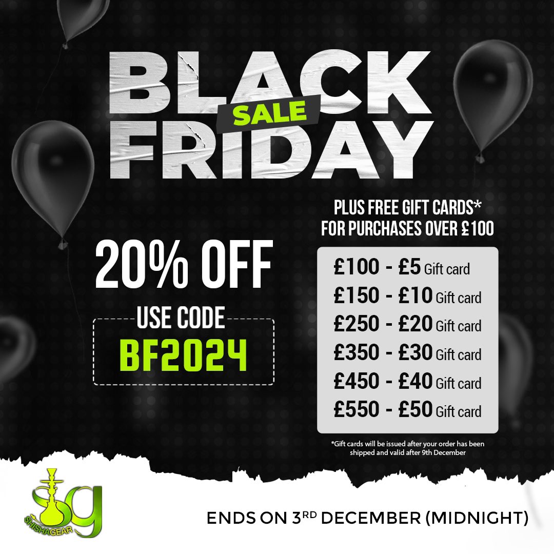 shishagear's tweet photo. BLACK FRIDAY SALE
20% OFF - USE CODE - “BF2024”
#blackfriday #blackfriday2024 #bf2024 https://t.co/XeLKWdqacb