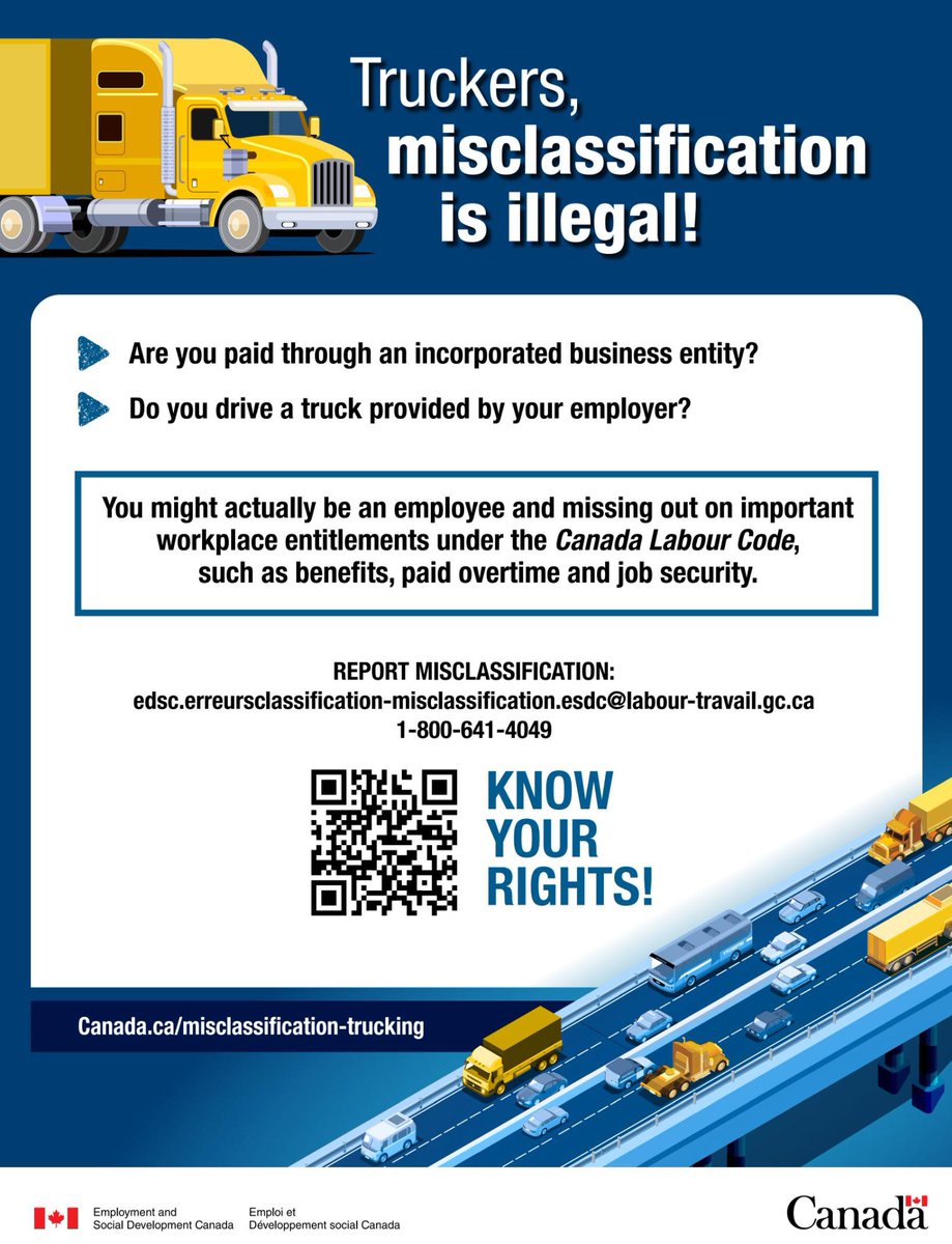 Truckers, misclassification is illegal!
Know your rights 👉 canada.ca/misclassificat…