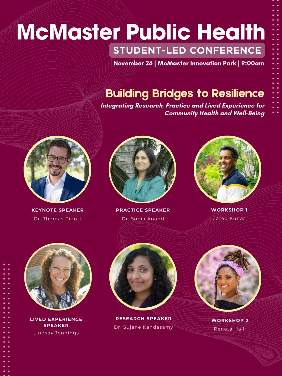Join us on November 26, 2024 from 9:00am-4:00pm for this year's MPH Student-Led Conference. The theme this year is "Building Bridges to Resilience". See attached posters and visit the website (mph.healthsci.mcmaster.ca/student-led-co…) for more information.