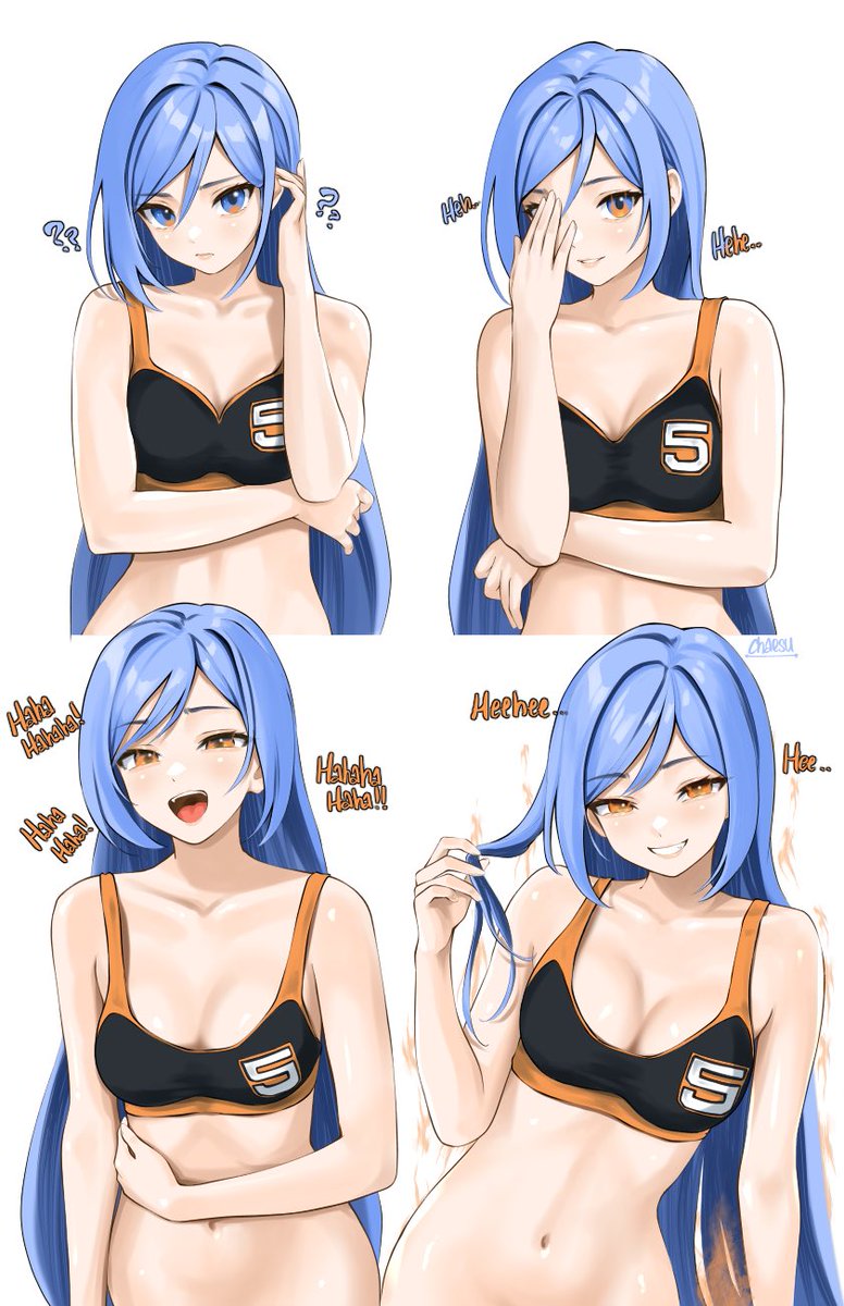 chaesuart's tweet photo. tsundere that never smiles bc she has a condition that turns her into a crazy yandere when she laughs

(dumb OC lore that was inspired by Launch from Dragon Ball, the girl who turns crazy when she sneezes) https://t.co/C0sve8B7pY