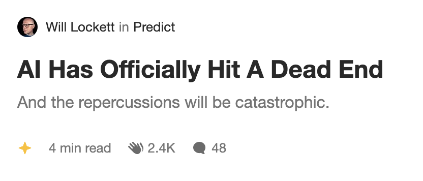 People still taking their shot calling a "top" on AI.

It's a bold strategy Cotton, lets see if that pays off for em 😂

If you understand AI, you'd know it's barely even gotten started. Send me what you're smoking.