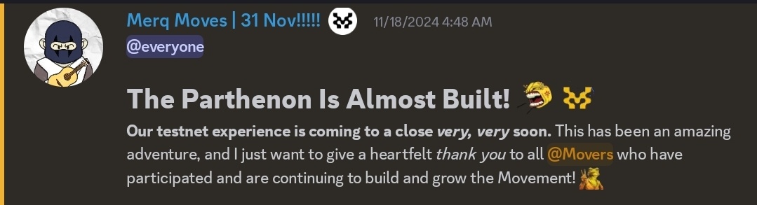 Blue7_Intern1's tweet photo. 🚨 Update on Movement Lab Public Testnet

The Parthenon Galxe Quests of @movementlabsxyz will be ending in approximately 9 hours.
