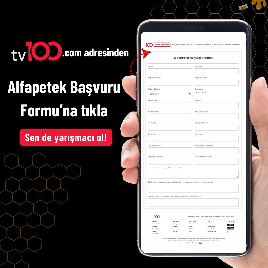 TV100 (@tv100) on Twitter photo Ekranların en bilgi ve rekabet dolu yarışması #Alfapetek Ali İhsan Varol’un sunumuyla hafta içi her gün <a href="/tv100/">TV100</a>’de! 🎲
tv100.com adresinden Alfapetek Başvuru Formu’na tıkla sen de yarışmacı ol!
Başvuru Formu: tv100.com/alfapetek-basv…
<a href="/aihsanvarol/">ali ihsan varol</a> <a href="/tv100alfapetek/">Alfa Petek</a> Ekranların en bilgi ve rekabet dolu yarışması #Alfapetek Ali İhsan Varol’un sunumuyla hafta içi her gün <a href="/tv100/">TV100</a>’de! 🎲
tv100.com adresinden Alfapetek Başvuru Formu’na tıkla sen de yarışmacı ol!
Başvuru Formu: tv100.com/alfapetek-basv…
<a href="/aihsanvarol/">ali ihsan varol</a> <a href="/tv100alfapetek/">Alfa Petek</a>