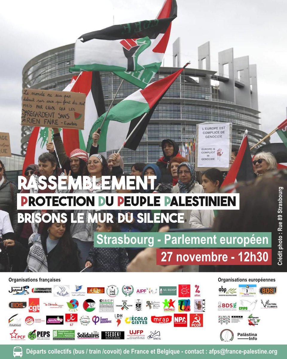 Pour exiger un cessez-le-feu à #Gaza et la protection du peuple palestinien, la #LDH appelle au rassemblement le 27 novembre à 12h30, devant le Parlement européen, à Strasbourg pour briser le mur du silence !
ldh-france.org/une-coalition-…