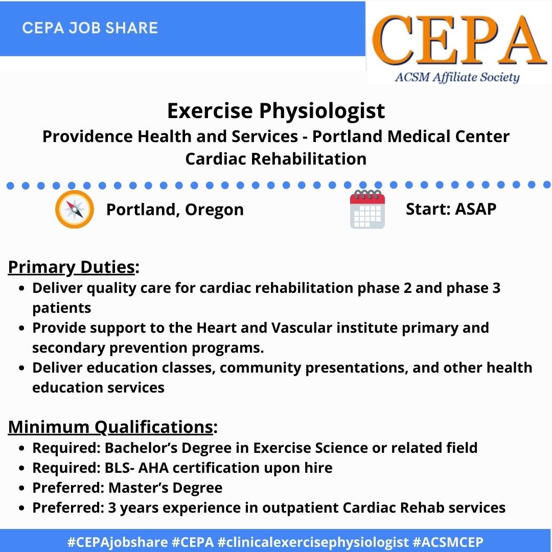 New job posting - Cardiac Rehabilitation Exercise Physiologist. Please share with your network!  #acsmcep #cepajobshare #clinicalexercisephysiologist