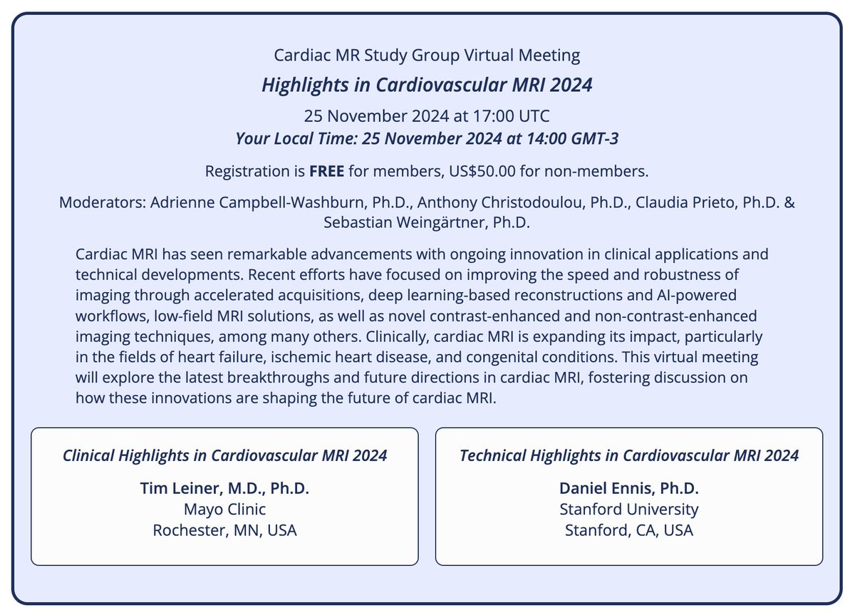 Claudia Prieto (@mri_cprieto) on Twitter photo There is still time to register for the Cardiac MR Study Group Virtual Meeting on Highlights in Cardiovascular MRI 2024. Please register here: ismrm.org/virtual-meetin… <a href="/ISMRM/">ISMRM</a> <a href="/Daniel_B_Ennis/">Daniel Ennis | he/him</a> <a href="/MRAguy/">Tim Leiner</a> There is still time to register for the Cardiac MR Study Group Virtual Meeting on Highlights in Cardiovascular MRI 2024. Please register here: ismrm.org/virtual-meetin… <a href="/ISMRM/">ISMRM</a> <a href="/Daniel_B_Ennis/">Daniel Ennis | he/him</a> <a href="/MRAguy/">Tim Leiner</a>