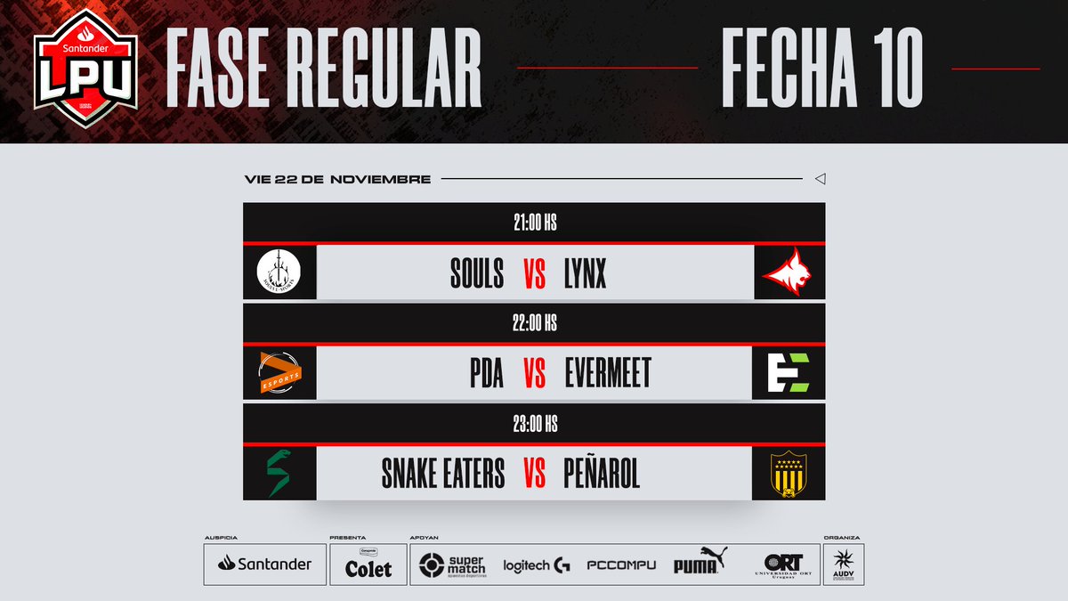 Asociación Uruguaya de Deportes Virtuales (@audvesports) on Twitter photo Hoy desde las 21:00 HS continúa #LPU <a href="/Santander_Uy/">Santander Uruguay</a> Temporada 6⃣ Presentada por Colet #LeagueOfLegends ⚔️🔥🧙♂️🛡️
FECHA 🔟
<a href="/Souls_Esports_/">Souls Esports</a> 🆚 <a href="/LynxGamingUY/">Lynx</a>
<a href="/PDAesports/">PDA Esports</a> 🆚 <a href="/TeamEvermeet/">Evermeet</a>
<a href="/snake_eatersuy/">Snake Eaters</a> 🆚 <a href="/esportcap/">PEÑAROL | e-Sports</a>
🔴 EN VIVO
▶️ twitch.tv/audvtv
▶️ Hoy desde las 21:00 HS continúa #LPU <a href="/Santander_Uy/">Santander Uruguay</a> Temporada 6⃣ Presentada por Colet #LeagueOfLegends ⚔️🔥🧙♂️🛡️
FECHA 🔟
<a href="/Souls_Esports_/">Souls Esports</a> 🆚 <a href="/LynxGamingUY/">Lynx</a>
<a href="/PDAesports/">PDA Esports</a> 🆚 <a href="/TeamEvermeet/">Evermeet</a>
<a href="/snake_eatersuy/">Snake Eaters</a> 🆚 <a href="/esportcap/">PEÑAROL | e-Sports</a>
🔴 EN VIVO
▶️ twitch.tv/audvtv
▶️