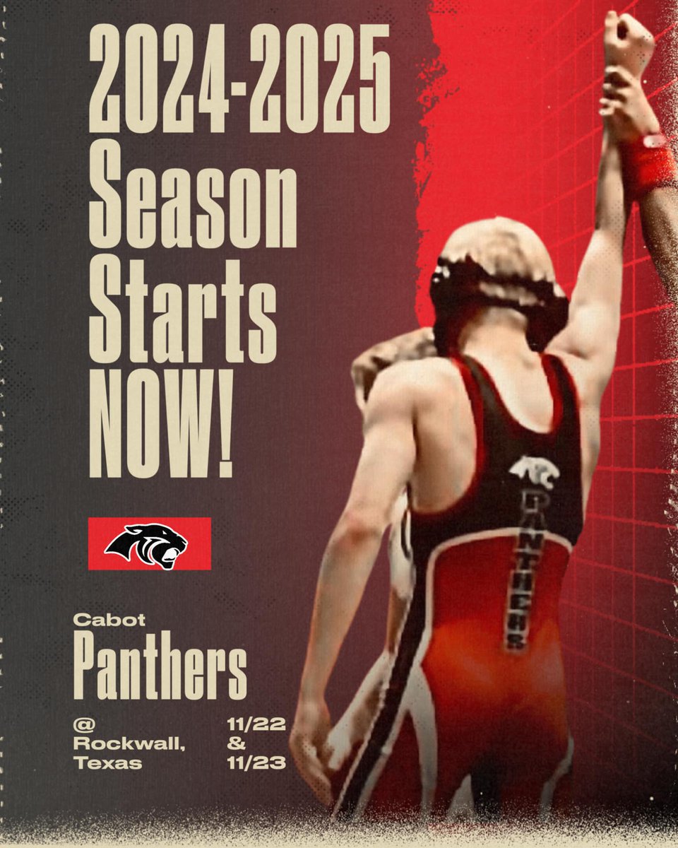 Today is the day <a href="/CabotWrestling/">Panther Wrestling</a> has been working for! Season starts NOW! Good luck this weekend! <a href="/CabotHigh/">Cabot High School</a> <a href="/pokesjt/">Justin Turner</a> <a href="/mulldozer7/">Hunter Mullin</a> <a href="/CabotAthDept/">Cabot Athletic Dept.</a> <a href="/keithmxatc/">Keith Shireman, ATC/LAT, ESSAT-C</a> <a href="/ChadBurke4/">Chad Burke</a> <a href="/CoachMags04/">Maggie Waymack Cope</a>