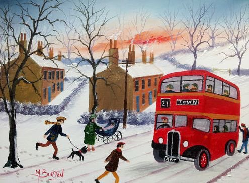 Good Afternoon. So cold today 
Mal Burton painting.   His homely work gets forgotten amongst some of the other ‘Northern Artists’ and I think that’s a shame because he’s good
Folk are running to catch the bus to town