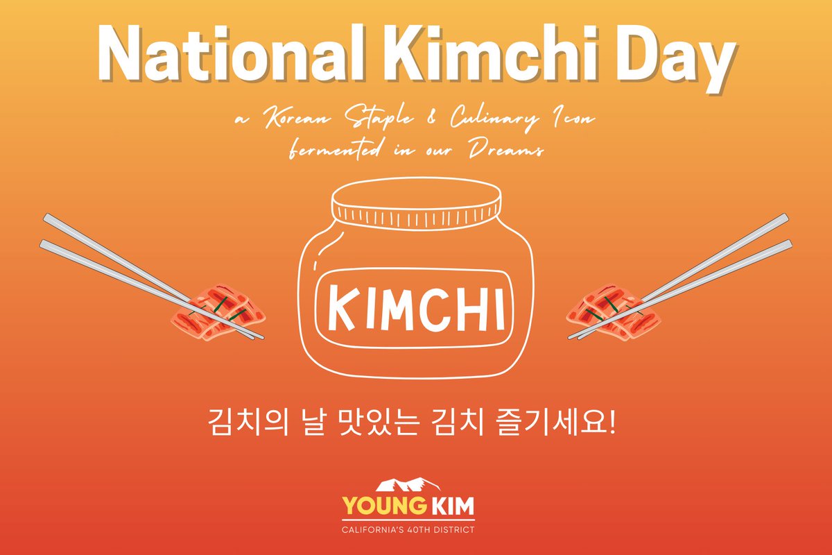 RepYoungKim's tweet photo. Happy National #KimchiDay! Kimchi is a staple Korean dish &amp; has become a culinary icon.

As a proud Korean American, I have fond memories of making &amp; enjoying kimchi with my family across generations. Hope you have a bite of kimchi today! https://t.co/NmkaSzpoBM