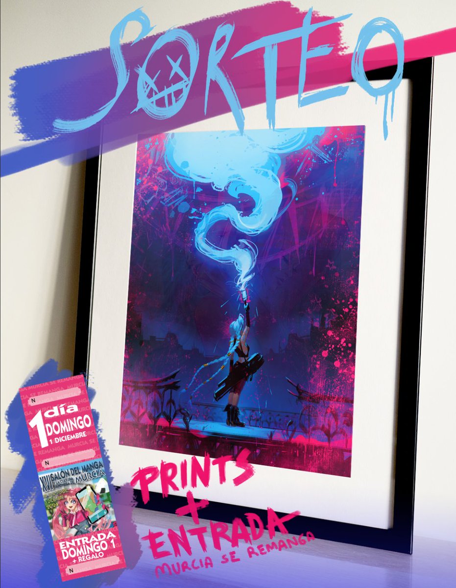 🟣✨ ¡SORTEO #Arcane  ! ✨🟣

1⃣Prints A5 incluyendo mi nuevo fanart de Jinx 
2⃣Entrada al salón del Manga de Murcia (1-Dic)

Participa:
🔹Follow a mí y a <a href="/MurciasereManga/">Yomeremango</a> 
🔹RT+like
🔹@ un amigo
🔹Envío a península incluido. Si la recoges en persona te la doy en A3.
🔹Fin: 25-11
