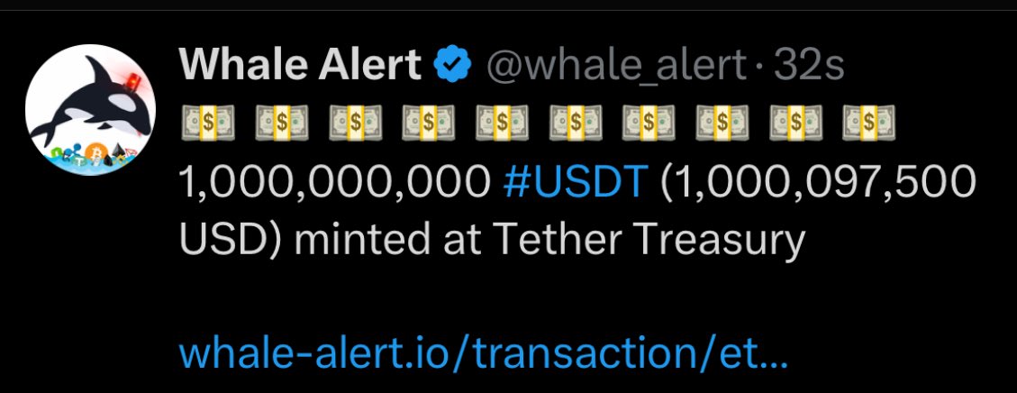 🚨 BREAKING 🚨

$1 BILLION USDT JUST MINTED 
AT THE TETHER TREASURY. 

SEND EVERYTHING HIGHER 🚀