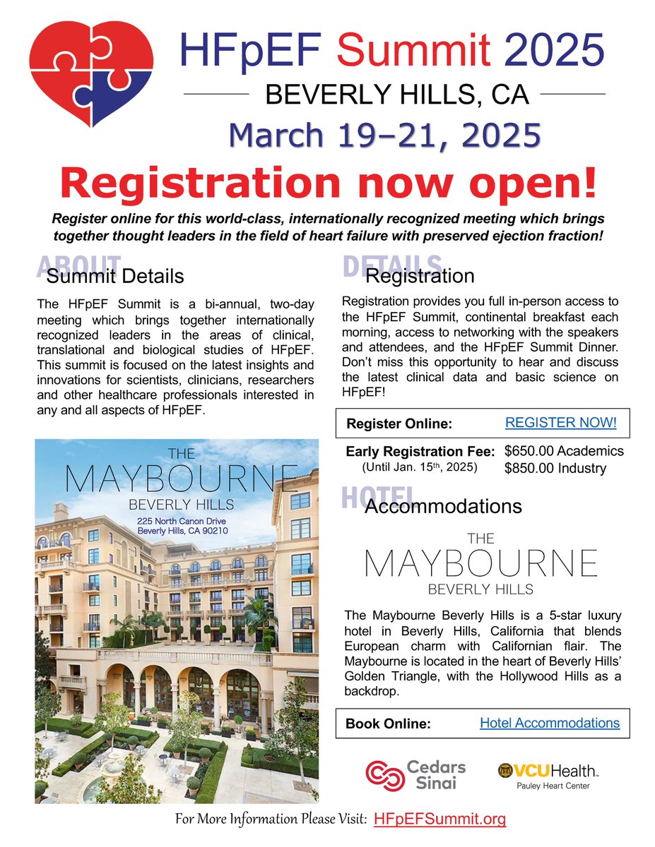HFpEF Summit (@hfpefsummit) on Twitter photo Register NOW! Visit our website to register & book accommodations for full access to the world-class HFpEF Summit presenting the latest clinical and basic science on HFpEF.  hfpefsummit.org/registration/
<a href="/SmidtHeart/">Smidt Heart Institute at Cedars-Sinai</a> <a href="/USFHealth/">USF Health</a> <a href="/VCUHealthHeart/">VCU Health Pauley Heart Center</a> <a href="/LeferLab/">David Lefer</a> <a href="/SALLOUMFN/">Fadi N Salloum</a> <a href="/USFCardiology/">USFHealthCardiology</a> Register NOW! Visit our website to register & book accommodations for full access to the world-class HFpEF Summit presenting the latest clinical and basic science on HFpEF.  hfpefsummit.org/registration/
<a href="/SmidtHeart/">Smidt Heart Institute at Cedars-Sinai</a> <a href="/USFHealth/">USF Health</a> <a href="/VCUHealthHeart/">VCU Health Pauley Heart Center</a> <a href="/LeferLab/">David Lefer</a> <a href="/SALLOUMFN/">Fadi N Salloum</a> <a href="/USFCardiology/">USFHealthCardiology</a>