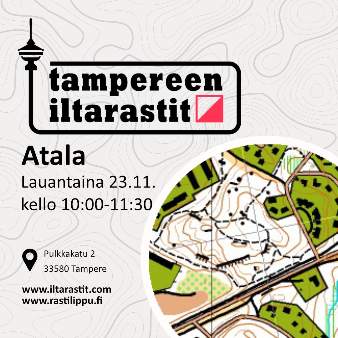 Lauantaina päästään suunnistamaan Atalassa.

📌Kartanmyynti Atalan koululla (Pulkkakatu 2, Tampere)
🏃‍♂️Lähdöt: 10.00-11.30
🗺Radat 3km, 5km, 7km
🌲Rastit sijaitsee pääasiassa teillä tai poluilla, mutta muutama rasti on metsän puolella.