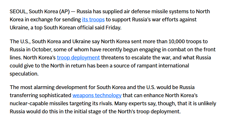 "Russia has supplied air defense missile systems to North Korea in exchange for sending its troops to support Russia’s war efforts against Ukraine, a top South Korean official said Friday."
<a href="/KimTongHyung/">Tong-hyung Kim</a>
apnews.com/article/north-…