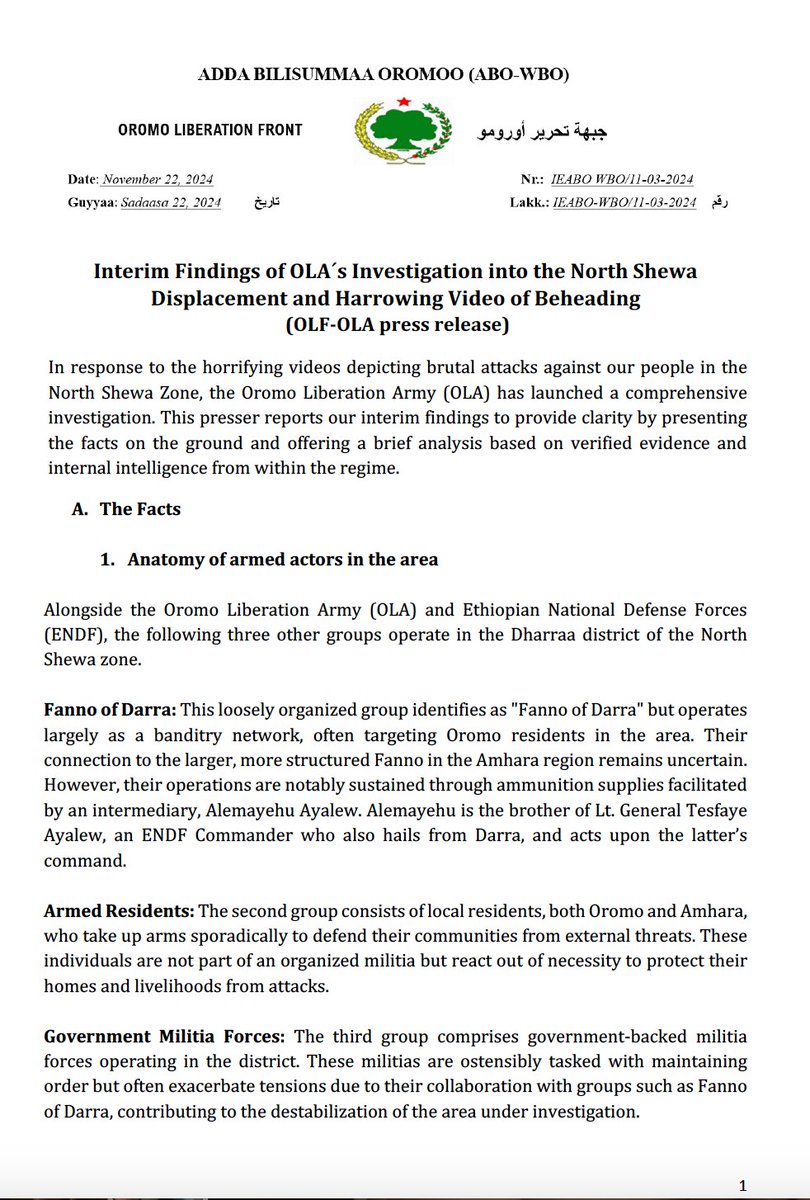 OLF_OLA's tweet photo. Interim Findings of OLA´s Investigation into the North Shewa Attacks 
              (OLF-OLA press release) https://t.co/qOwfxTRPap
