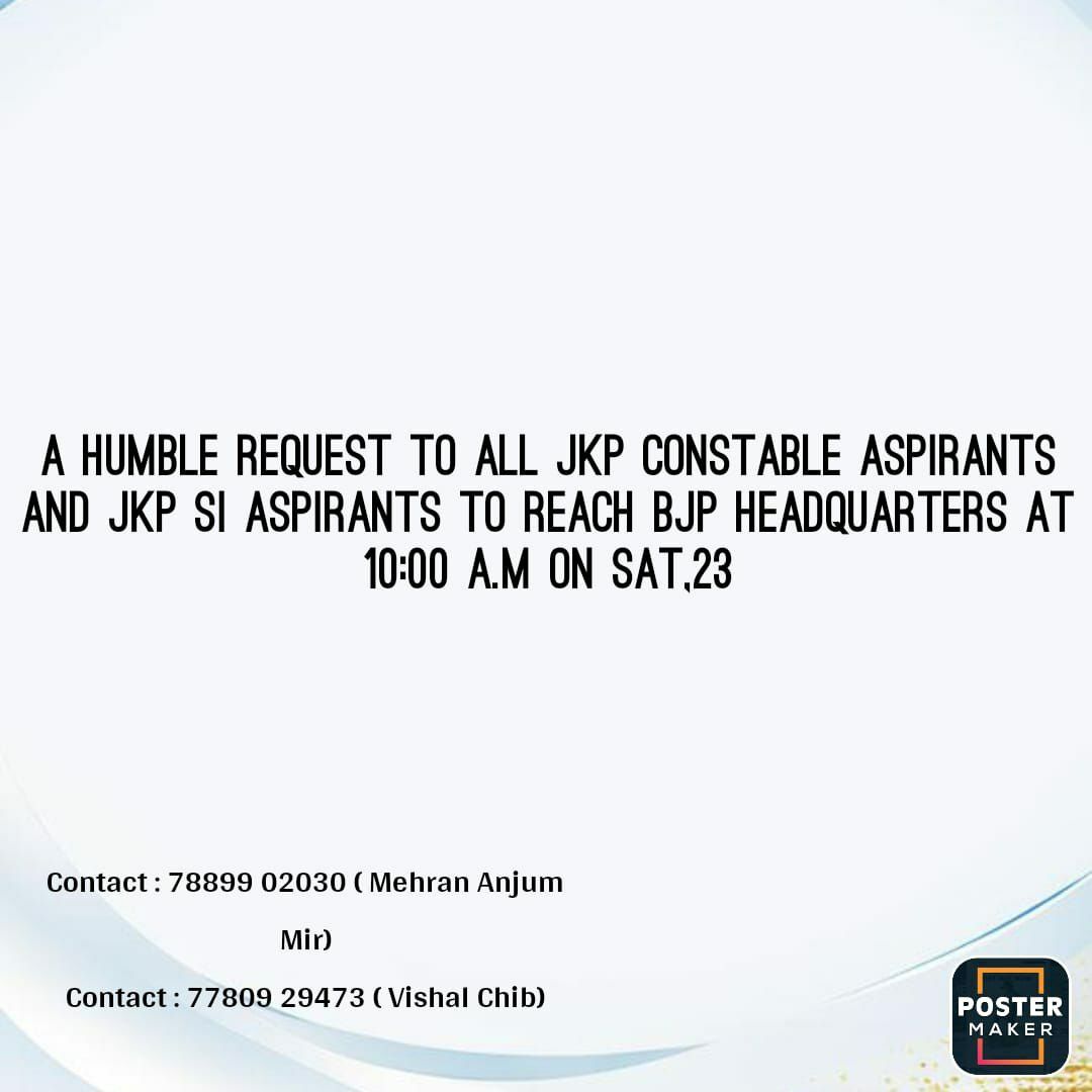 Join the protest tomorrow outside BJP office, Jammu at 11 AM.
Main demand: Age relaxation for JKP Constable recruitment.
Your support matters—let's stand united for justice! #JKPConstable #AgeRelaxation