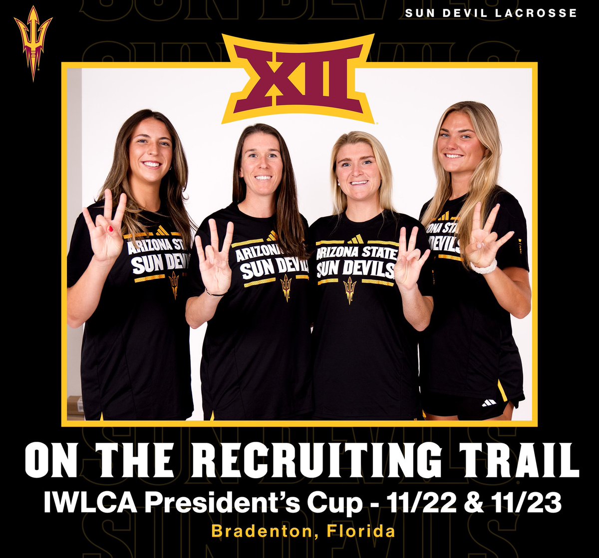 SunDevilWLax's tweet photo. The full coaching staff is out looking for the next generation of Sun Devils this weekend 👀😈
#ForksUp /// #FutureSunDevils https://t.co/WZRjGiiiuE