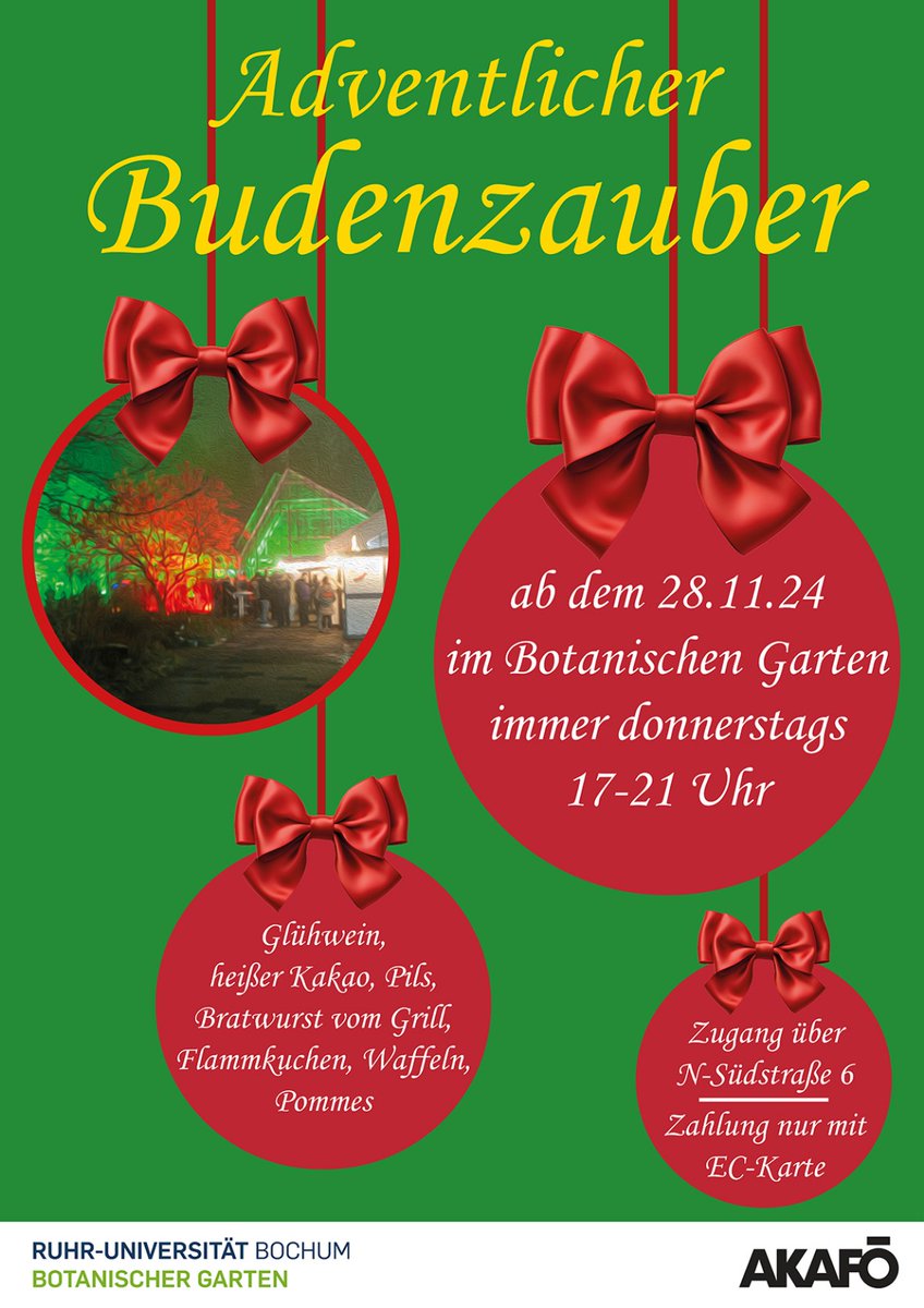 MCBotany's tweet image. Für alle im #Ruhrpott - ob aus #Bochum oder sonstwo. Es ist wieder soweit:
@Akafoe und #BotanischerGarten @ruhrunibochum starten den #Budenzauber
Jeden Adventsdonnerstag ab 17 Uhr. Weitersagen 😎