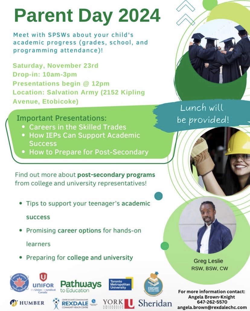 Our parents day is tomorrow from 10-3! Come out and speak with the Pathways team as well as reps from various post-secondary schools including Humber, Sheridan, York &amp; TMU! 

We have a great presentation at 12PM regarding Trades programs, post secondary support and IEPs!