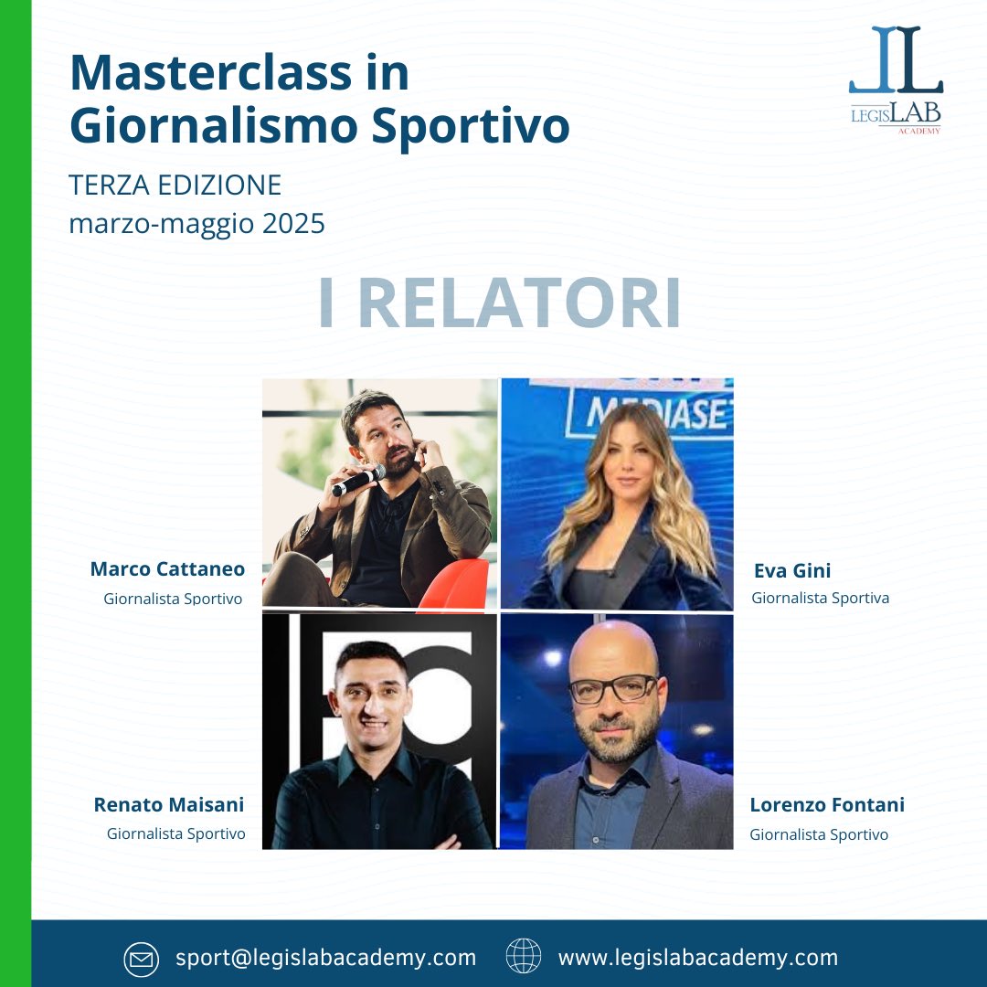 MASTERCLASS IN GIORNALISMO SPORTIVO - Edizione 2025

Continuiamo a presentarvi gli speakers della terza edizione della Masterclass in Giornalismo Sportivo: Eva Gini, Marco Cattaneo, Renato Maisani, Lorenzo Fontani!

Per saperne di più, scrivi una mail a sport@legislabacademy.com