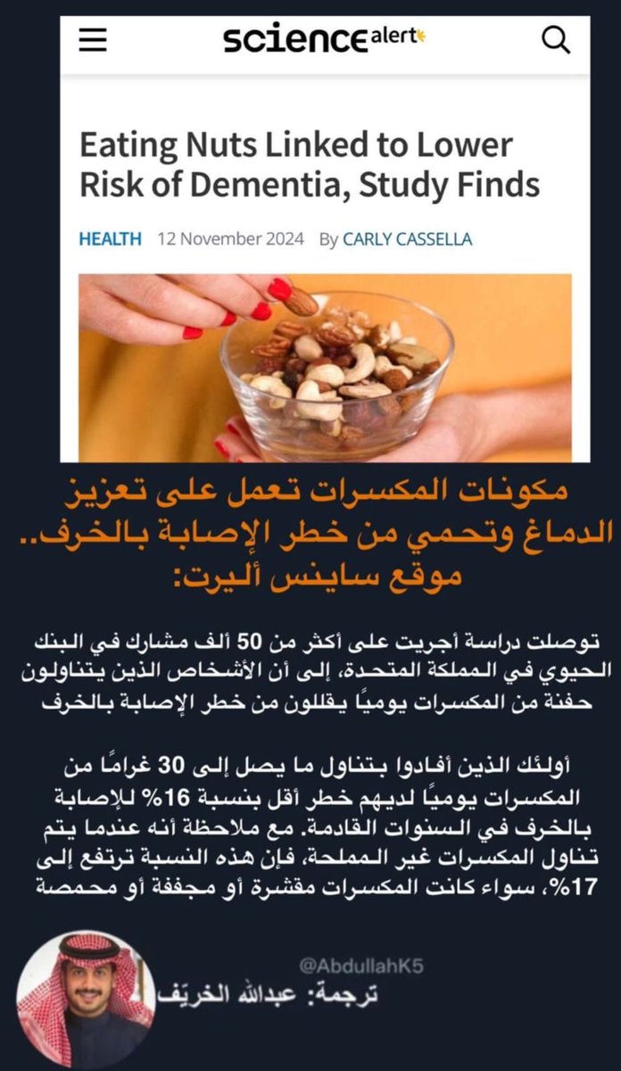 Thinkers_R's tweet photo. دراسة بريطانية أُجريت على نحو ❪٥٠ ـ ألف❫ شخص، أثبتت فوائد تناول المكسرات، وأثرها في الصحة العقلية، والتقليل من خطر الإصابة بالخرف، لا سيما إن تم تناولها نيئة وغير مملحة. https://t.co/FGbSgPQccU
