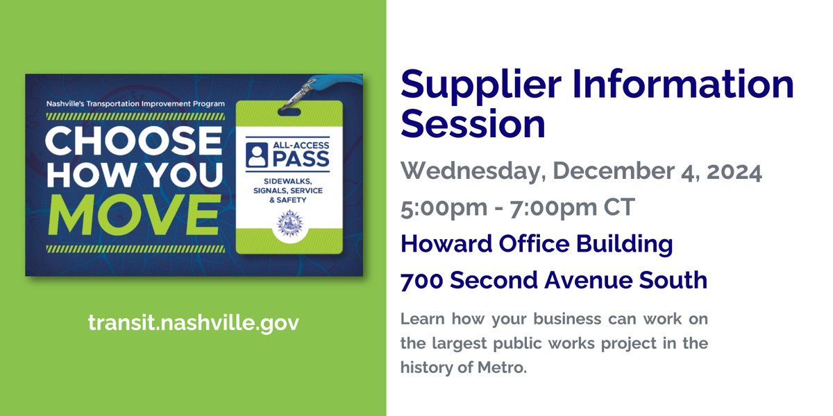 Join representatives from Metro Government and WeGo Public Transit to learn how your business can work on the largest public works project in the history of Metro.

📅 December 4 at 5 p.m. 
📍 700 2nd Ave South
🔗 bit.ly/495kKhO

#ChooseHowYouMove #CHYM #NashvilleMoves