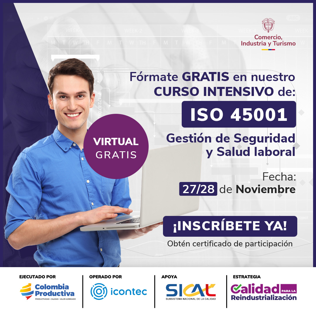 ICONTEC's tweet photo. 😀¡Curso gratuito para gestionar la #Seguridad y #Salud de tu empresa! Aprende fácil sobre la norma de sistema de gestión #ISO45001 y obtén certificado con nuestras jornadas intensivas desarrolladas con @Col_Productiva 📓
Separa ya tu cupo👉 https://t.co/9brgeCMkVJ
#ICONTEC https://t.co/2FKNt2XwBr