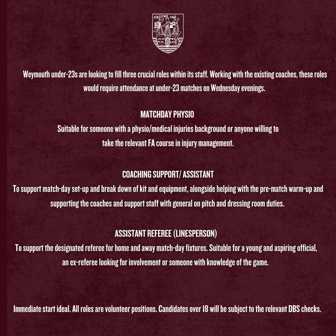 🚨 VOLUNTEER VACANCIES 🚨

We are currently looking for volunteers in a number of roles for our under-23s. If interested, contact our email as shown below 📨 ⬇️