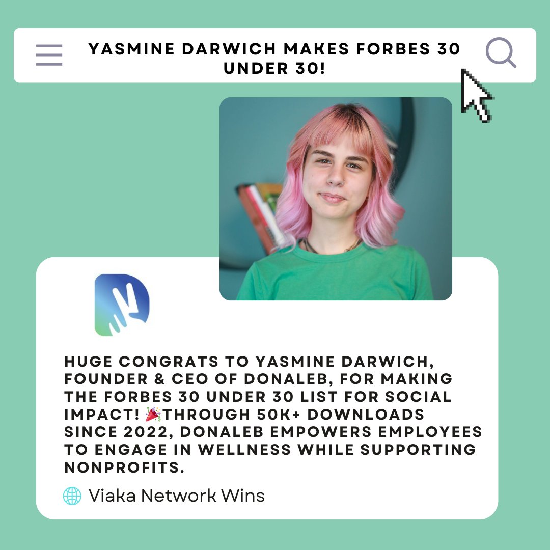 Viaka (@viaka16) on Twitter photo ๐ Congrats to Yasmine Darwich, Founder & CEO of <a href="/DonaLeb_/">DonaLeb</a> , for making Forbes 30 Under 30 for Social Impact! ๐
DonaLeb turns fitness into purpose, with 50k+ downloads since 2022, motivating employees & giving back to nonprofits. ๐ถโโ๏ธ๐ช
#Forbes30Under30 #SocialImpact #Viakawin ๐ Congrats to Yasmine Darwich, Founder & CEO of <a href="/DonaLeb_/">DonaLeb</a> , for making Forbes 30 Under 30 for Social Impact! ๐
DonaLeb turns fitness into purpose, with 50k+ downloads since 2022, motivating employees & giving back to nonprofits. ๐ถโโ๏ธ๐ช
#Forbes30Under30 #SocialImpact #Viakawin
