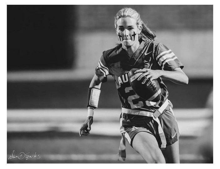 ahsaaradio's tweet photo. AHSAA East Alabama Athlete of the Week presented by Southern Union State Community College
Brooke Hallman - Auburn High School Tigers Athletics
Hallman helped lead Auburn Flag Football to the 6A/7A Semifinals with a 26-6 victory over Opelika. She had a great all around game passing for 191 yards and 2 TD's, converting 2 extra points, intercepting 2 passes returned for 61 yards, and 3 punt returns for 25 yards.

Photo courtesy of Adam Sparks