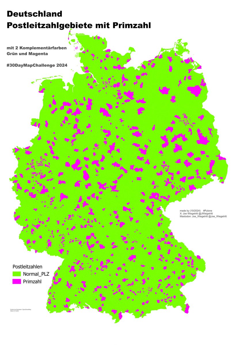 JWiegetritt's tweet image. Day 22: 2 Colours #30DayMapChallenge Deutschlands Postleitzahlgebiete mit 2 Komplementärfarben, Grün und Magenta. Letztere Farbe zeigt die Gebiete, deren #Postleitzahlen #Primzahl|en sind. #Pylone #QGIS