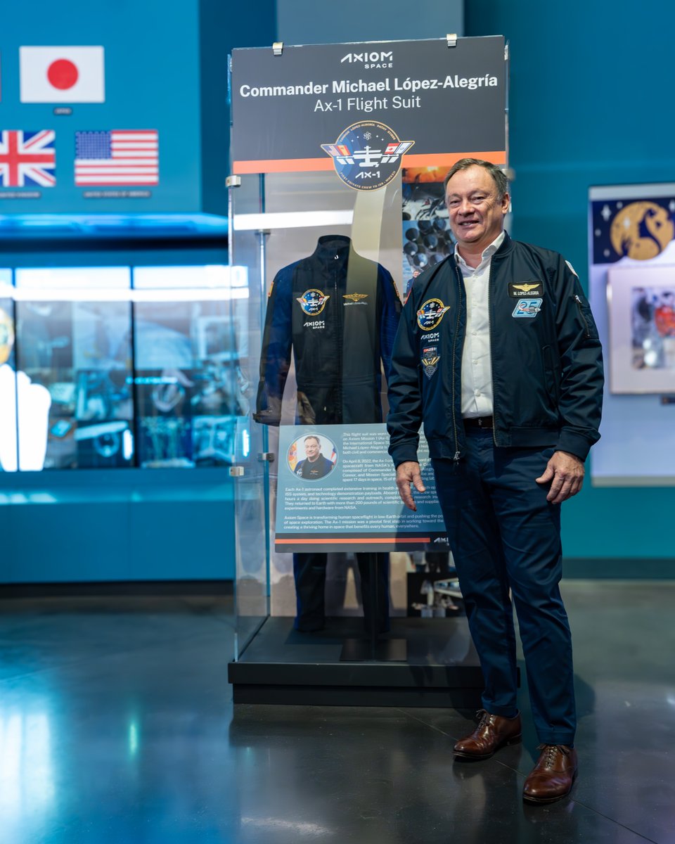 ExploreSpaceKSC's tweet photo. Yesterday we unveiled astronaut @CommanderMLAβs flight suit worn during Axiom Mission 1! The flight suit is another way you can #DiscoverSomethingReal at the visitor complex. https://t.co/28ic1jk89j