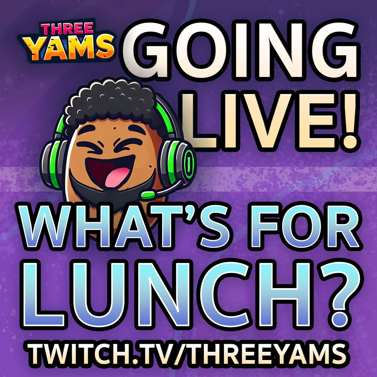 threeyams's tweet photo. Happy Friday! It's break time - Come hang out on stream! See you there! #twitchstreamer #threeyams #LunchBreak https://t.co/rJBXyU8IkC