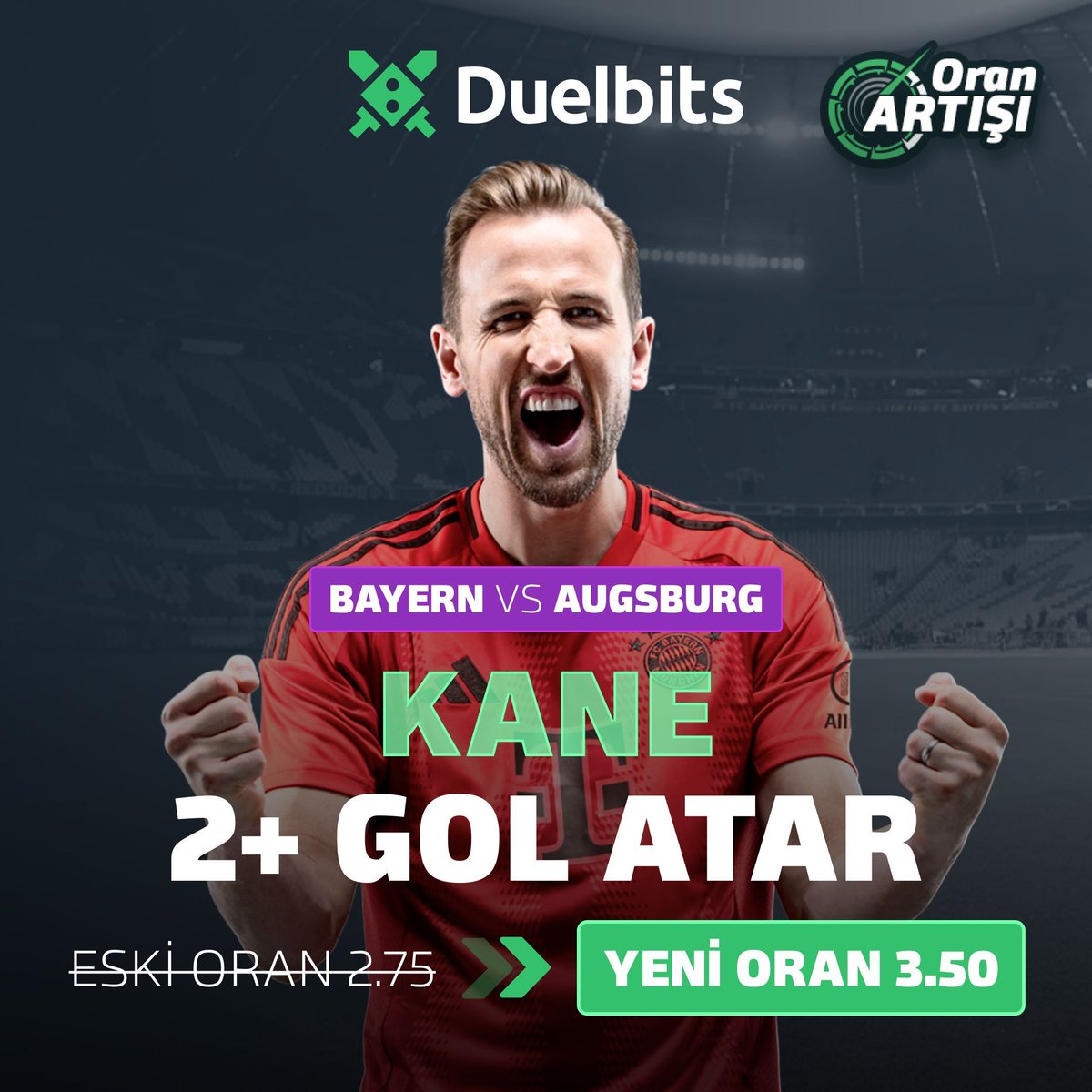 DuelbitsTR's tweet photo. Futbol heyecanı yeniden başlıyor! 💥 

Bu akşam Bayern Münih - Augsburg maçıyla sahalara dönüyoruz. 🌧️ 

Diyorsan ki 'Kim ne yaparsa yapsın ama Harry Kane en az 2 gol atar!' 👊 

 İşte sana tam da bu iddiaya yaraşır bir oran! ⚽ 

➡️  https://t.co/DogfNnGHrf 

#Bundesliga https://t.co/AWDEQYC2H7