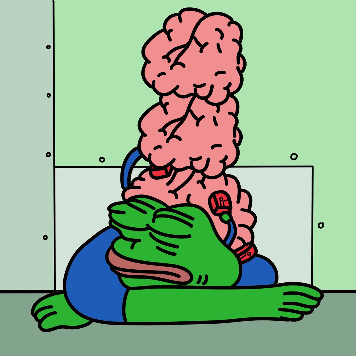 We snapped a candid pic of Pepe's rare triple brain nap. He's surely going to be ready to break some chains when he wakes up. 🐸🧠😴