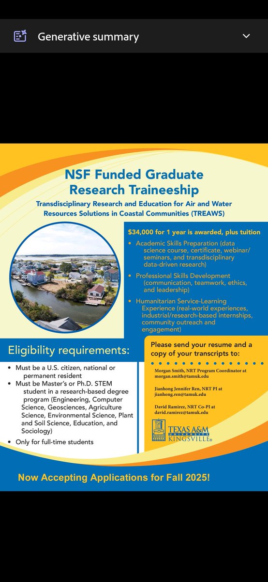 nrttreaws's tweet photo. 🚨 Attention Graduate Students! 🚨

Are you ready to make a meaningful impact on coastal communities while advancing your career?

The NSF TREAWS Program (Transdisciplinary Research and Education for Air and Water Resources Solutions) is now accepting applications for Fall 2025! https://t.co/TX2K6zAQyw